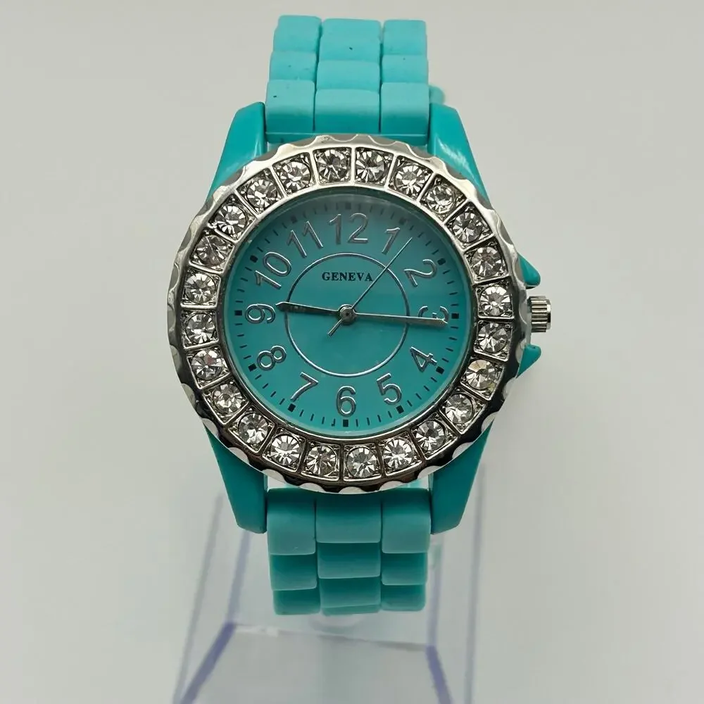 Geneva Crystal Bezel Turquoise Tone Silicon Band Women’s Fashion Watch, Working